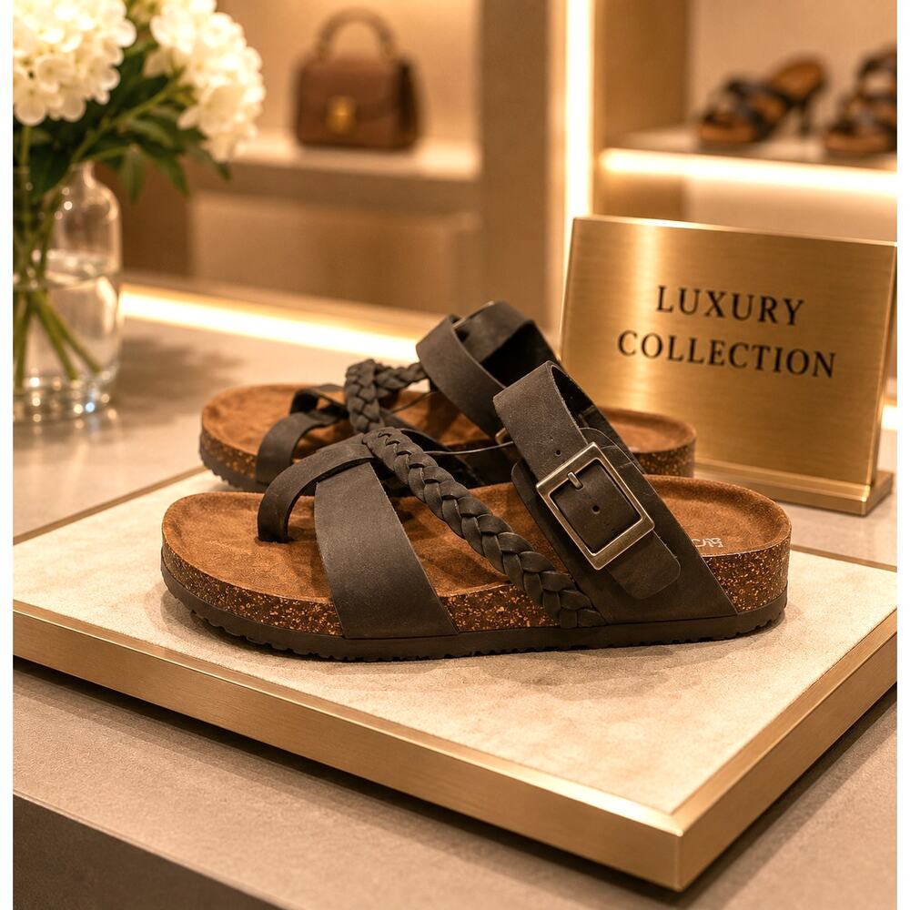 Mountain Sole Womens Leather Footbed Sandals Black size 7